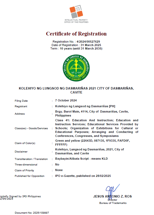 Certificate of Registration of the KLD official logo